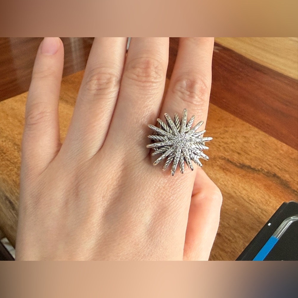 David Yurman Sterling Silver Large Starburst Diamond Ring Size 7